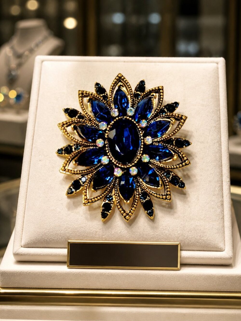 Ornate Gold-toned  Sapphire Blue Floral Brooch